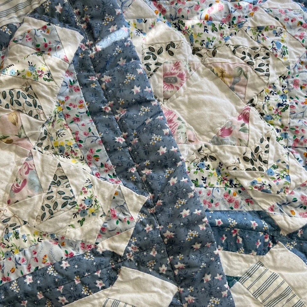 Pair floral quilted standard pillowcase shams cottagecore shabby chic blue white